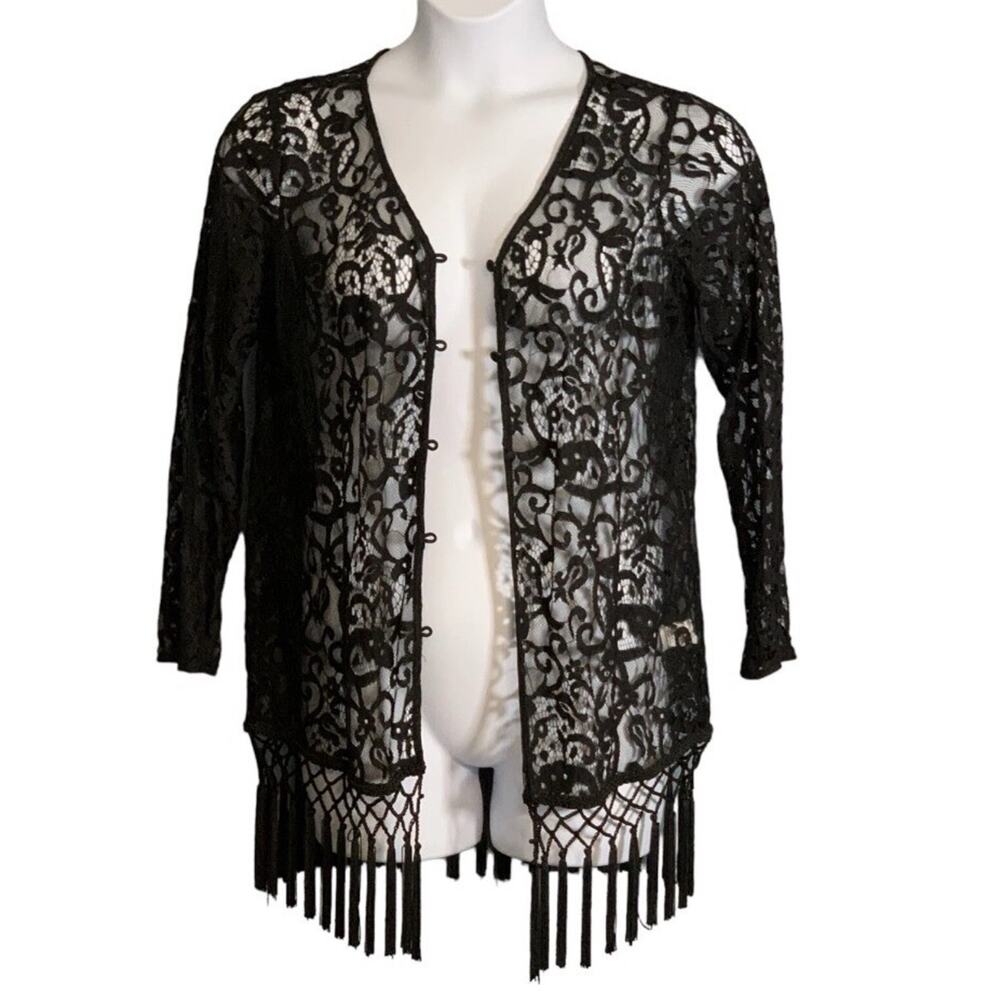 Chris McLaughlin Black Lace Cardigan Large Gothic Glam Sweater Tassel Fringe NEW